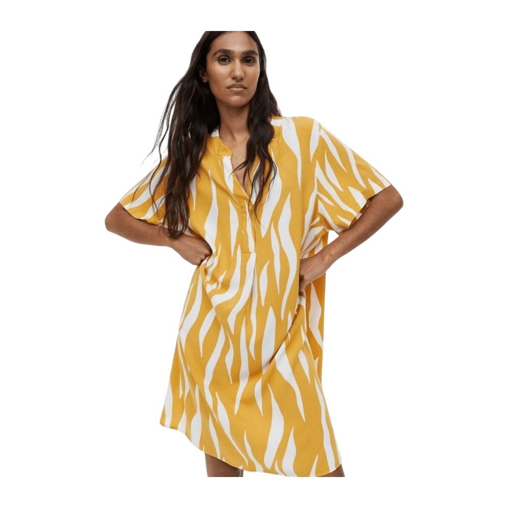H&M L Yellow Zebra Print Cotton‎ Tunic Dress Womens Large Long Sleeve Oversized